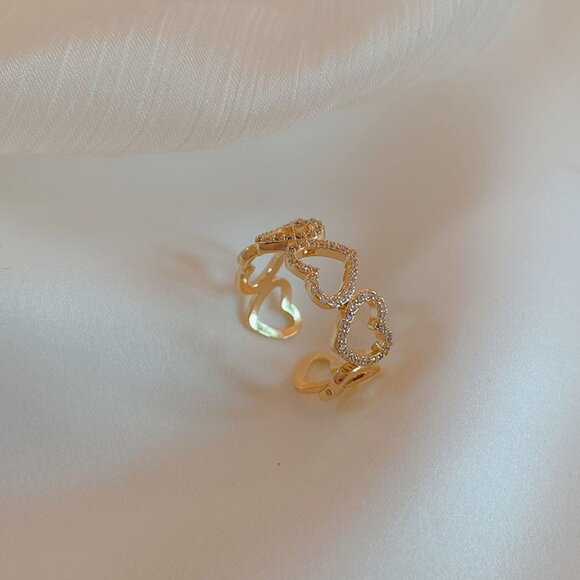 3/$35 Dainty Gold Hearts Shape Open Ring Cubic Zirconia CZ Diamond Jewelry - Picture 5 of 8